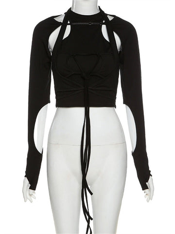 Gothic hollow tshirt 2 pieces crop top summer black Punk bandage tassel top high streetwear party top cotton tees female