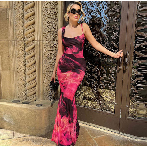 Sexy Vintage Print Female Sling Long Dress Square Collar Sleeveless Backless Dresses Summer Ladies Beach Vocation Vestidos