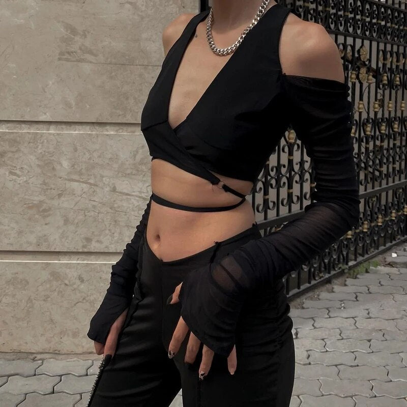 Aesthetic Mesh Sheer Off Shoulder T Shirt Elegant Long Sleeve Backless Crop Tops Summer Casual Slim Streetwear Tees