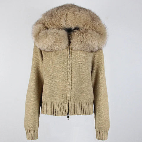 Fashion Autumn Winter Casual Hooded Real Fox Fur Collar Fashion Short Knitted Jacket with Natural Fur Coat for Women