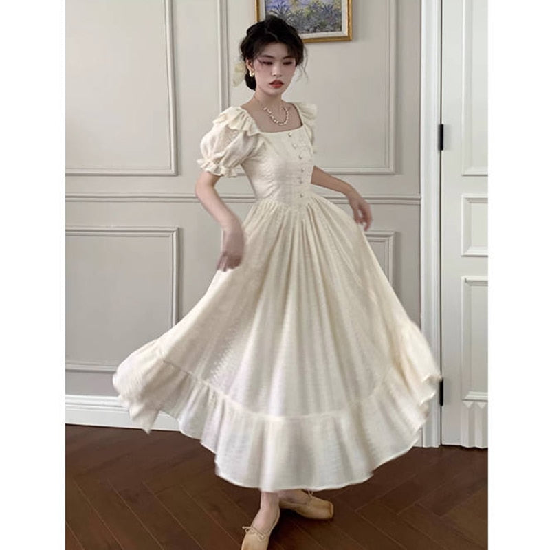 Elegant Square Collar White Dress Summer Fashion Puff Sleeve Ruffle Dress for Women Chic Vintage Maxi Dresses New