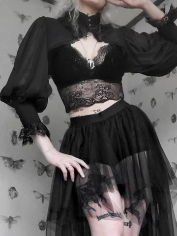 Gothic Lantern Sleeve Smock High Street Sexy Black Winter Long Sleeve Crop Top Aesthetic Fairy