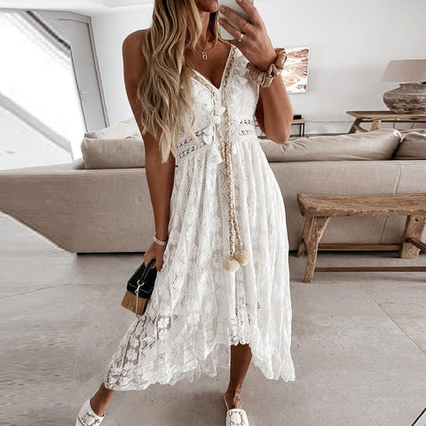 Boho Dress Women Summer Maxi Dress Lady Off Shoulder Holiday Lace V Neck Spaghetti Strap Sundress White Dress