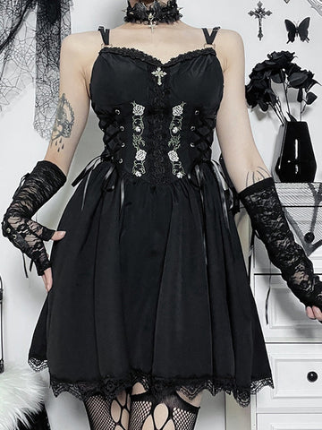 Goth Dark Lolita Gothic Aesthetic Bandage Corset Dresses Grunge Style Black Embroidery Emo Dress Women A-line Party Alt Clothes