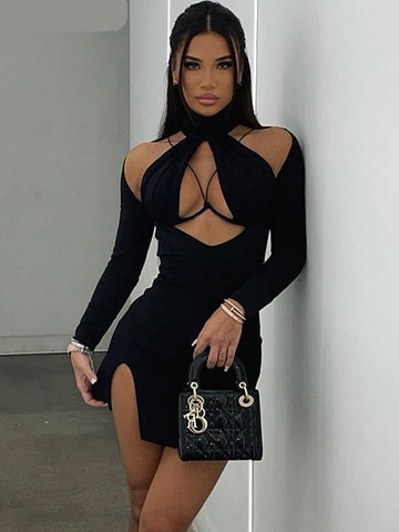 Hollow Wrap Sexy Dress Women Long Sleeve Autumn Trend Turtleneck Side Split Mini Bodycon Birthday Party Slim Clubwear