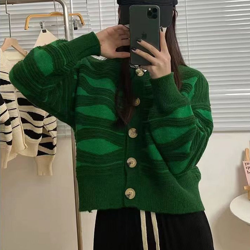 Women Wave Stripe Sweater Cardigan Autumn Long Sleeve Knitted Cardigans Lazy Sweater Female Single Breasted Knit Coat