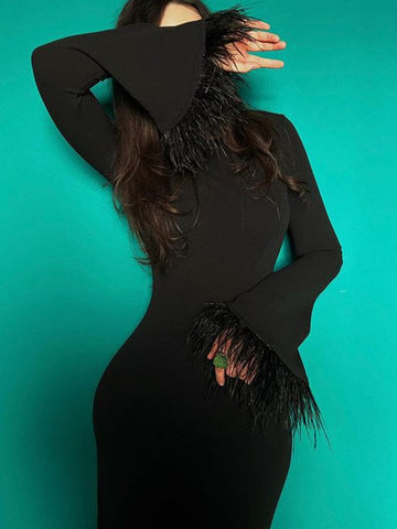 Fashion Feather Sleeve Dress Women Sexy Long Bodycon Dress Autumn Elegant Slim Wrap Dress Lady Black O-Neck Evening Party Dress