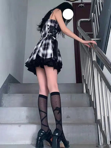 Kawaii Lolita Plaid Mini Dress Gothic E Girl Y2k Dresses Ulzzang Sweet Aesthetic Sets Sundress Fairy Grunge Cute Mall Dresses