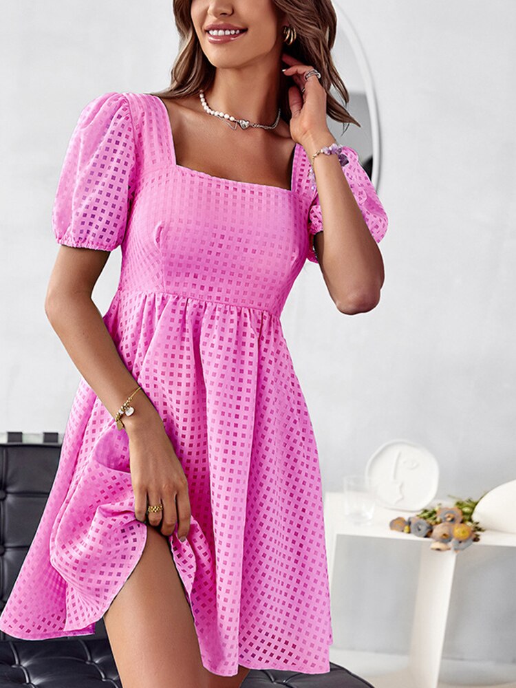 Elegant Solid Puff Short Sleeve Mini Beach Dress Summer Square Collar Hem Party Dress New Women Chic Office Commute A-line Dress