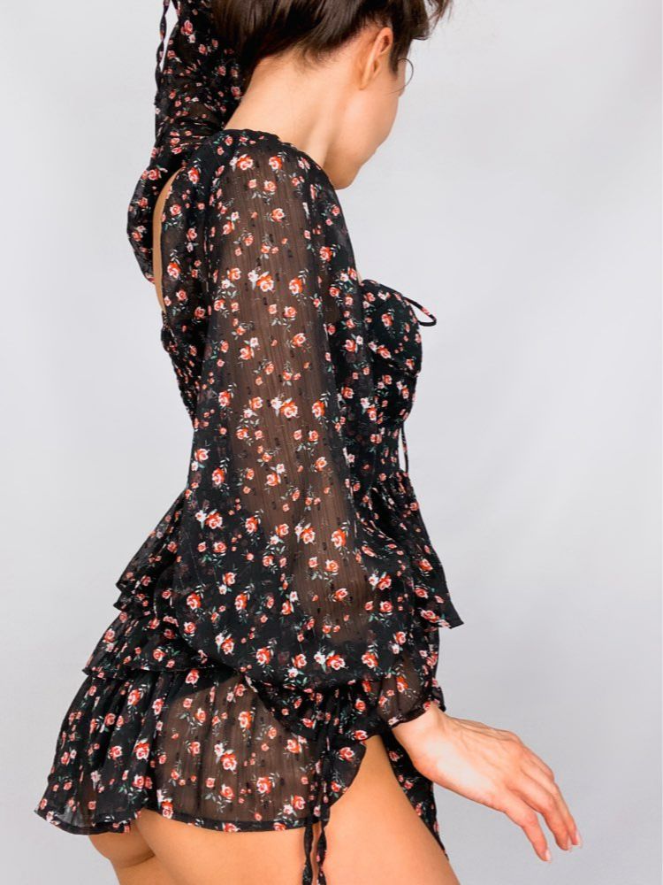 Women Sexy Cross Bandage Black Flower Print Puff Long Sleeve Dress 3 layer Wood Ears Ruffles Hem Cake Mini Holiday Robe