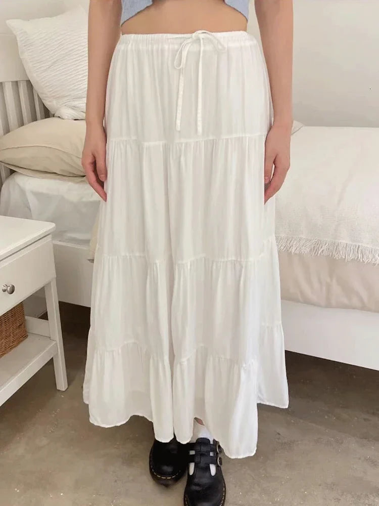 Sweet Women White Long Skirts Summer Ladies Cotton Drawstring High Waist A-line Skirt Female  Loose Midi Skirt