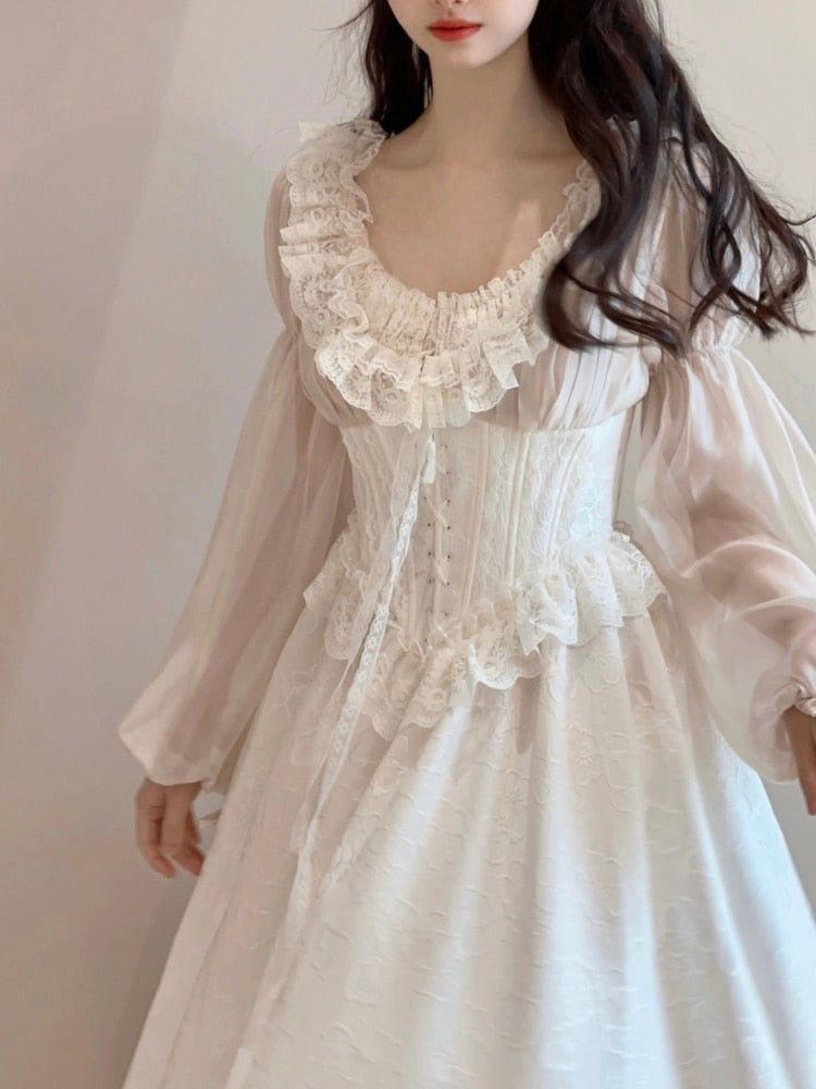 Fairy Pure Color Midi Dress Women Long Sleeve French Elegant Dress Beach Party Korean Fashion Dress Casual Design Summer