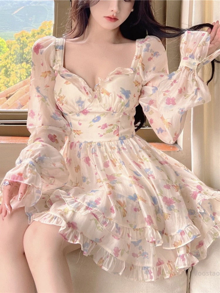 Summer Sweet V-Neck Floral Chiffon Dress Women Elegant Long Sleeve Ruffles Party Mini Dresses Female Korean Chic Slim Vestidos