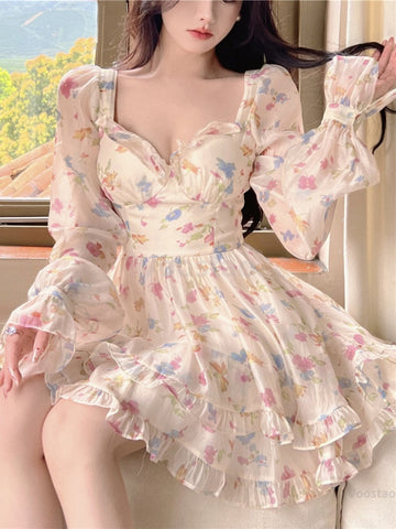 Summer Sweet V-Neck Floral Chiffon Dress Women Elegant Long Sleeve Ruffles Party Mini Dresses Female Korean Chic Slim Vestidos