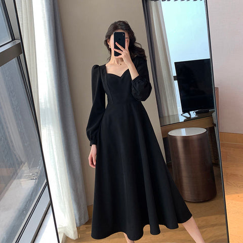 Black Dress Women's Autumn New Black Long Sleeve Dress Hepburn Style V-neck Ankle-length Retro Korean Style Long Black Dress