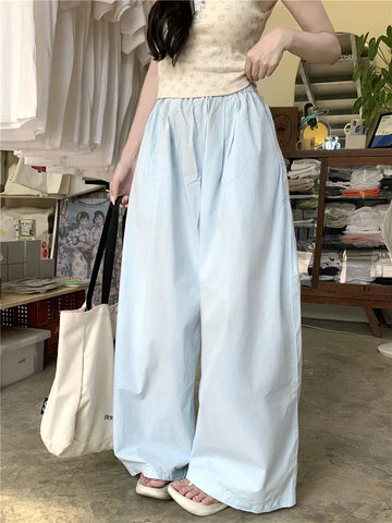 Summer New Niche Personality Campus Fresh Sky Blue Breathable Thin Wide Leg Pants Women Show Long Legs