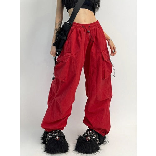 Cyber Y2K Red Parachute Pants Women Hip Hop Streetwear Gray Cargo Trousers Oversized Egirl Punk Black Wide Leg Pantalones