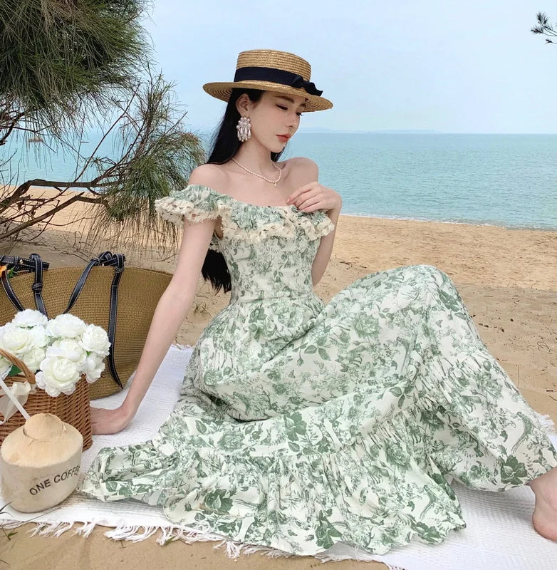 Vintage Korea Fashion Clothing Summer Slim A Line Ruffled Elegant Women Floral Print Chic Vest Dress Backless Pleated Sundress