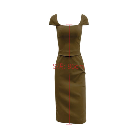 Elegant Knee Length Midi Dress Olive Green One Piece Women Dress Slim Square Neck and Cape Sleeve Office Lady Dress