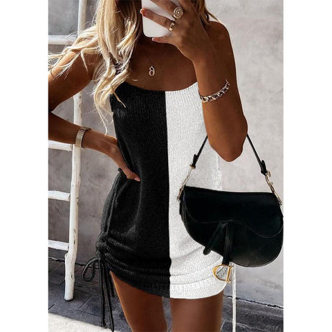 Sleeveless Sling Mini Short Dress Casual Fashion Backless Drawstring Low Collar Solid Sexy Spring Summer New Women Dresses