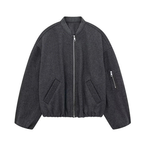 Oversized Bomber Jacket With Pockets Jackets Women Wool Blend Long Sleeves Elasticated Trim Winter Autumn Jacket