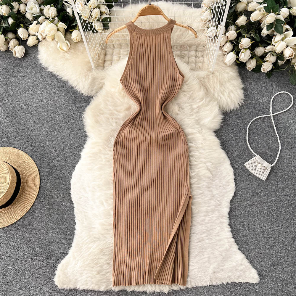 Halter Sleeveless split Basic Elastic Knit Bodycon Dress French Sexy Chic Elegant Party Vestidos Women Summer Slim Women Dress