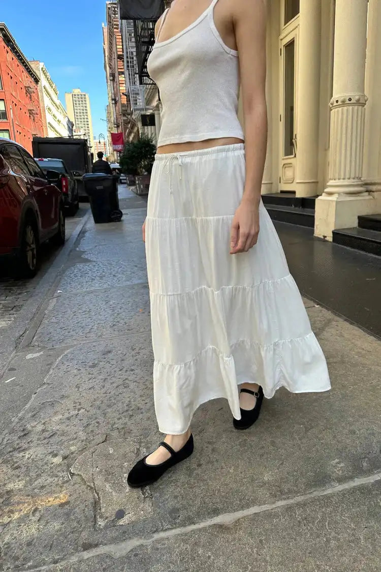 Sweet Women White Long Skirts Summer Ladies Cotton Drawstring High Waist A-line Skirt Female  Loose Midi Skirt