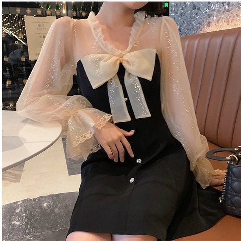 Vintage Elegant Mini Party Dress for Women Casual Lace Long Sleeve Dresses Bow Sexy One Piece Dress Korean Black Autumn