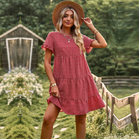 M Women Casual Holiday Print Dress Spring Summer O Neck Short Sleeve Temperament Pastoral A Line Dresses