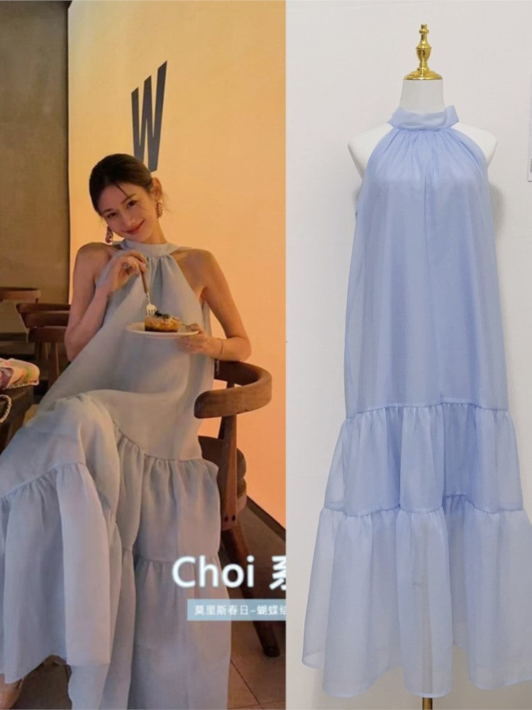 French Elegant Women's Summer Fashion New Sleeveless Strapless Bowknot Blue Long Skirt Kawaii Vest Prom Dress