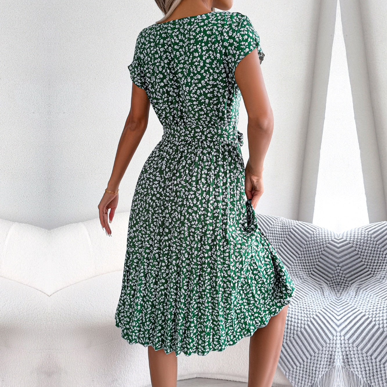 Fashion Floral Pleated A Line Long Dress Women Spring Summer Short Sleeve High Waist Chic Dress