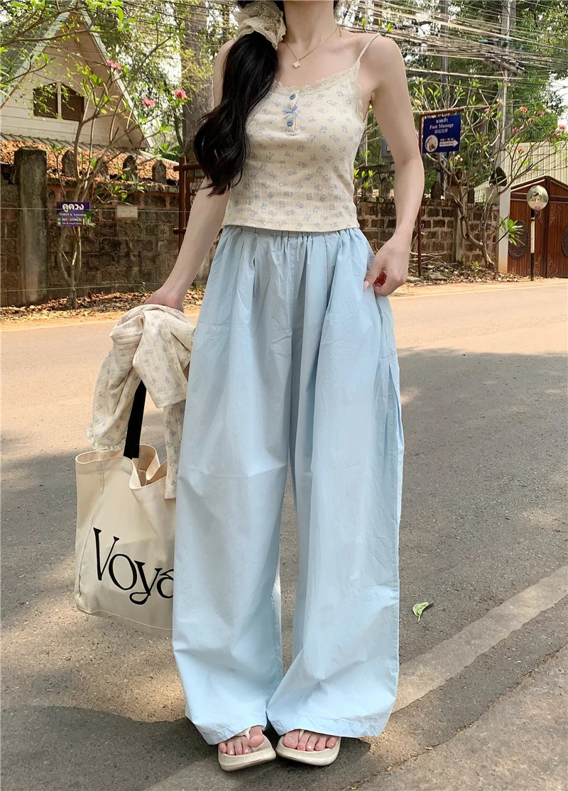 Summer New Niche Personality Campus Fresh Sky Blue Breathable Thin Wide Leg Pants Women Show Long Legs