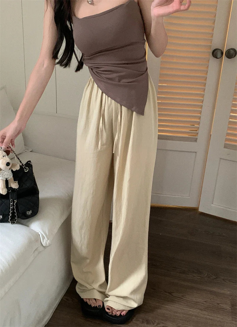 Summer New Vertical Loose Casual Wide Leg Pants High Waist Draw Rope Straight Pants Women