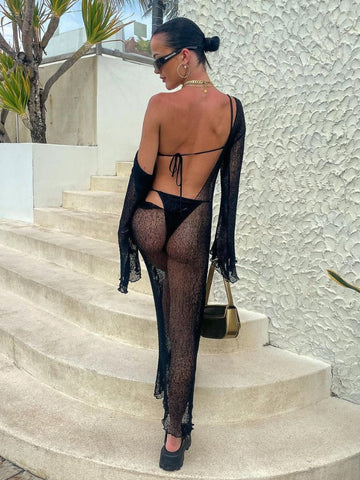 Black Knitted Beach Dress Sexy Backless See Through Slim Maxi Dress Summer Elegant Long Sleeve Holidays Club Party Beachwear