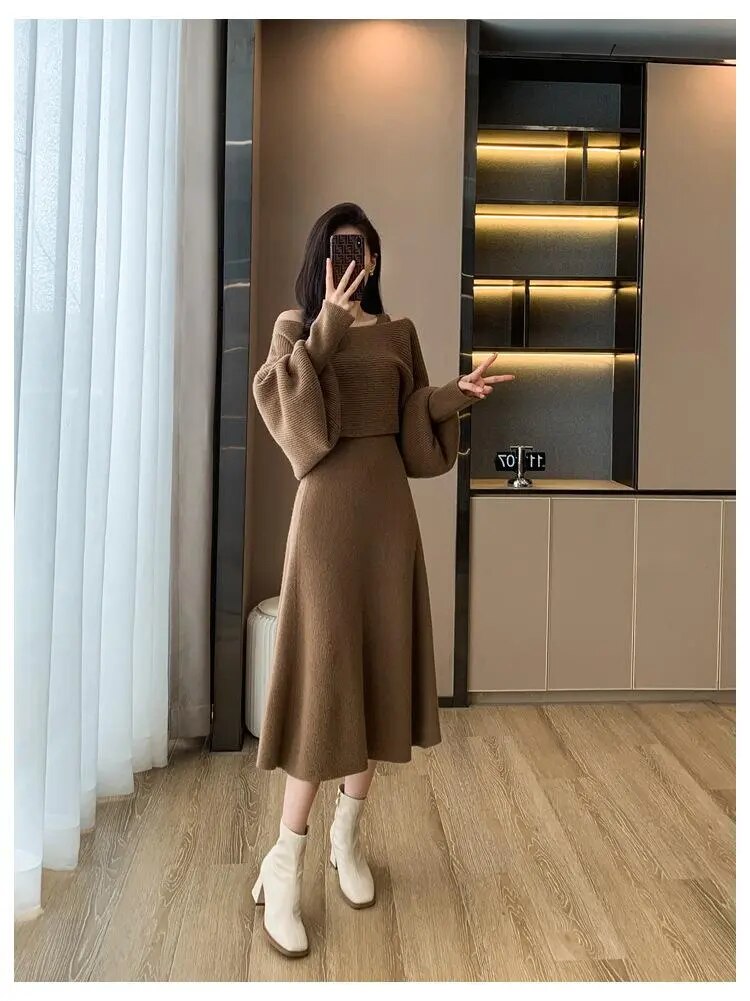 Autumn Winter Vintage Solid Long Sleeve Knitted Sweater Dress Women V Neck Slim Vest Dresses+ Lantern Sleeve Loose Tops Set