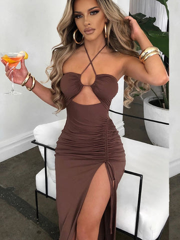 Halter Hollow Out Drawstring Long Dress Women Fashion Sleeveless Backless High Split Elegant Ruched Dress Vestidos