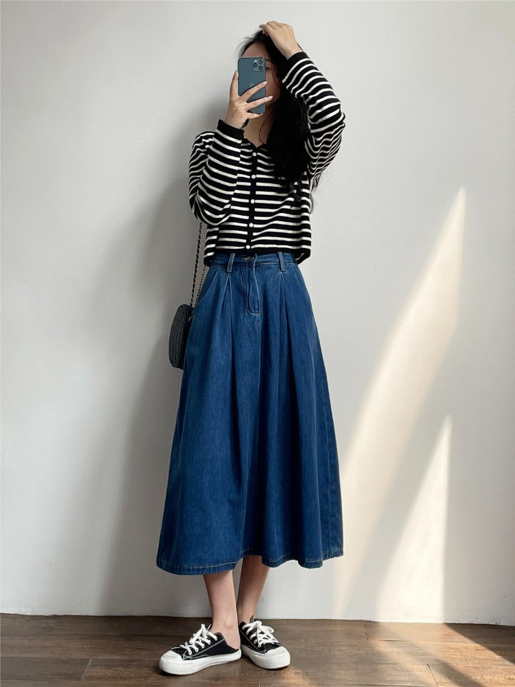 Spring Summer Denim Skirts Women Casual High Waist A-line Skirts Lady Loose Vintage Dark Blue Skirts