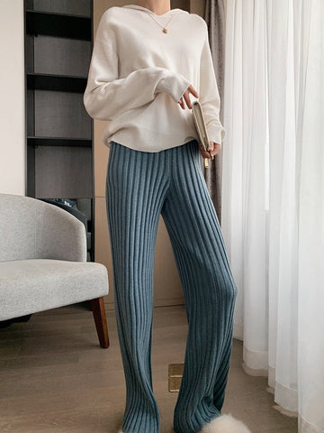 Knitting Pit Strip Wide-leg Pants Women's Autumn Winter High-waisted Slim Drapey Straight-tube Micro-trumpet Mopping Long Pants