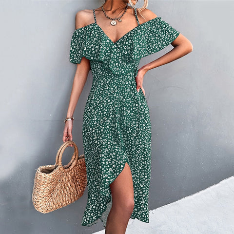 Ladies Spring Summer Sexy Straps Dress Women Green Off Shoulder Ruffles Casual Beach Dresses Female Floral Print Dress