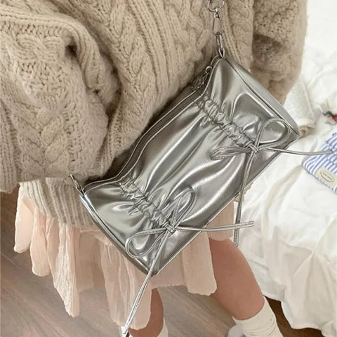 Pleated Pink Women Shoulder Bag Bow Pillow Leather Sweet Elegant Fashion Handbag Gentle Casual Exquisite Ladies Armpit Bag