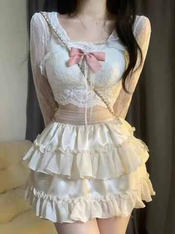 Japanese Lolita Kawaii 3 Piece Set Women Lace Sweet Party Cake Skirt Suit Female Bow Elegant Hight Waist Skirts Suit Summer