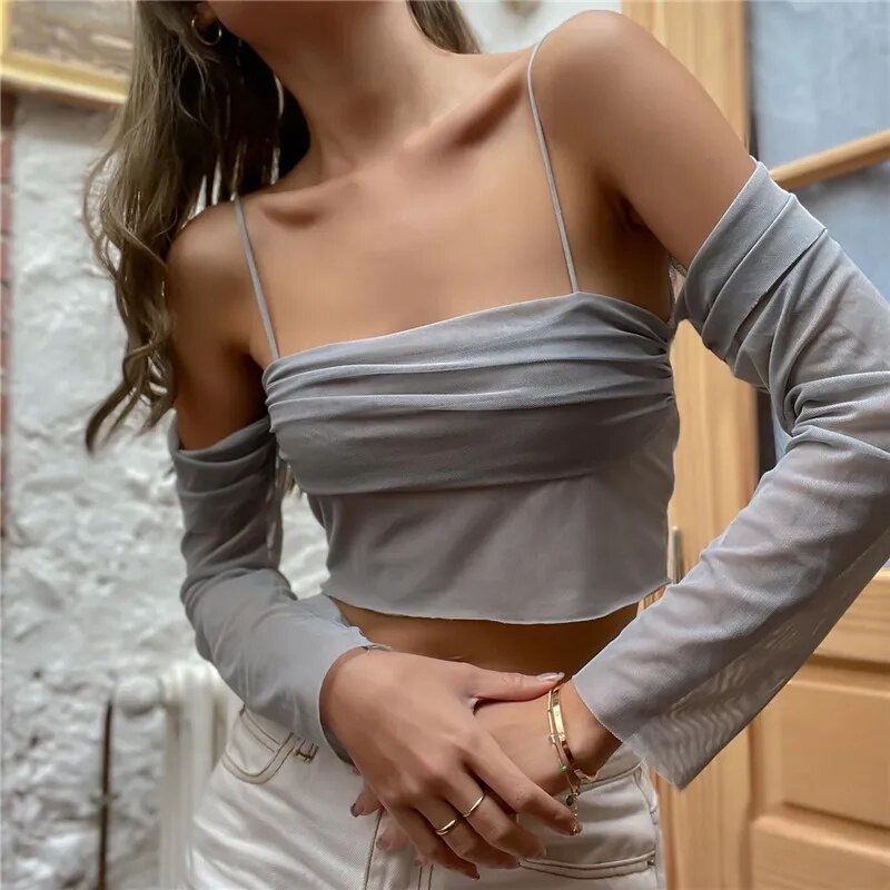 Aesthetic Mesh Sheer Off Shoulder T Shirt Elegant Long Sleeve Backless Crop Tops Summer Casual Slim Streetwear Tees