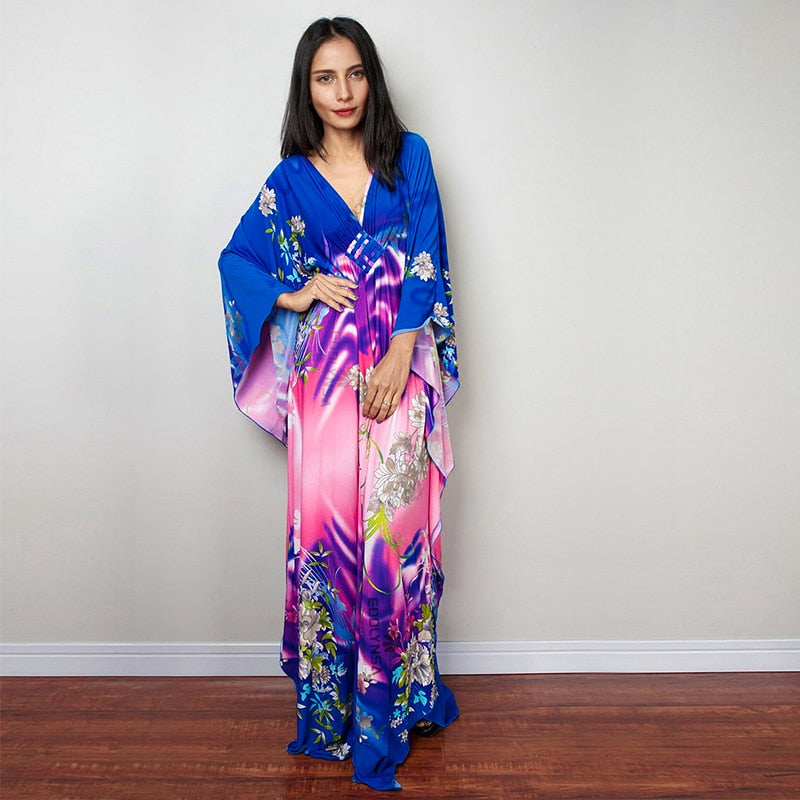 Print Maxi Dress Batwing Sleeve Tunic Spring Autumn Beach Dress Casual Plus Size Women Beachwear Kaftan Cover-ups Pbong mid size graduation outfit romantic style teen swag clean girl ideas 90s latina aesthetic