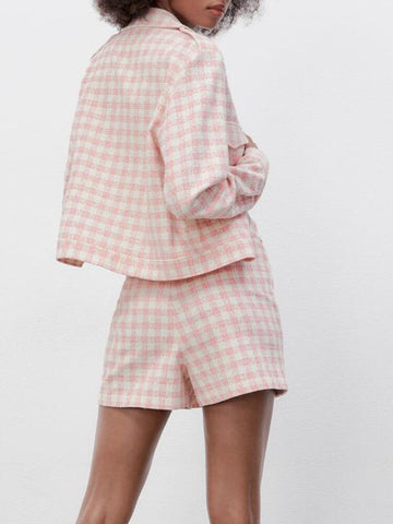 ZA spring new sweet girl pink checkerboard pattern suit jacket + temperament high waist checkerboard pattern casual shorts