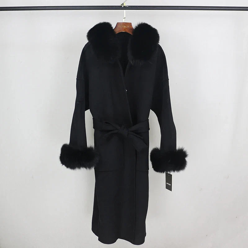 New Oversize Loose Cashmere Wool Blends Real Fur Coat Winter Jacket Women Natural Fox Fur Collar Hood Outerwear Belt