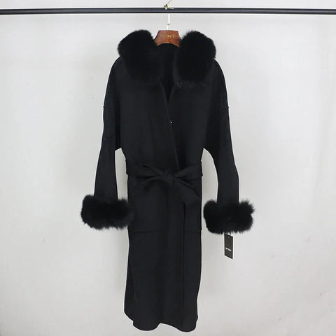 New Oversize Loose Cashmere Wool Blends Real Fur Coat Winter Jacket Women Natural Fox Fur Collar Hood Outerwear Belt