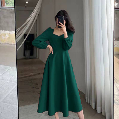 Black Dress Women's Autumn New Black Long Sleeve Dress Hepburn Style V-neck Ankle-length Retro Korean Style Long Black Dress