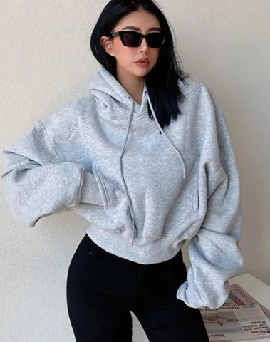 Winter Women Solid Fleece Hoodies Clothing Long Sleeve Tops Loose Pocket Sweatshirt Female Casual Pullover