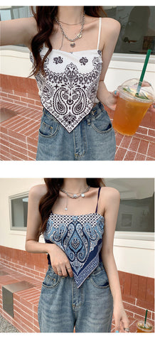 Retro Camisole Summer Short Triangle Top Mercerized Cotton Paisley Printed Indie Folk Woman Sexy Spaghetti Camis Crop Tops Pbong mid size graduation outfit romantic style teen swag clean girl ideas 90s latina aesthetic