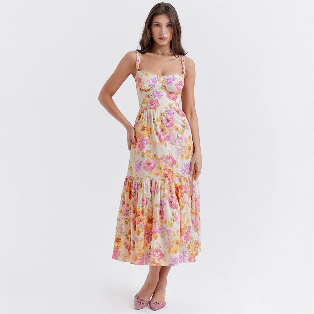 Blue Midi Floral Print Women's Summer Dress Elegant Long Casual Holiday Party Dress Streetwear New In Dresses